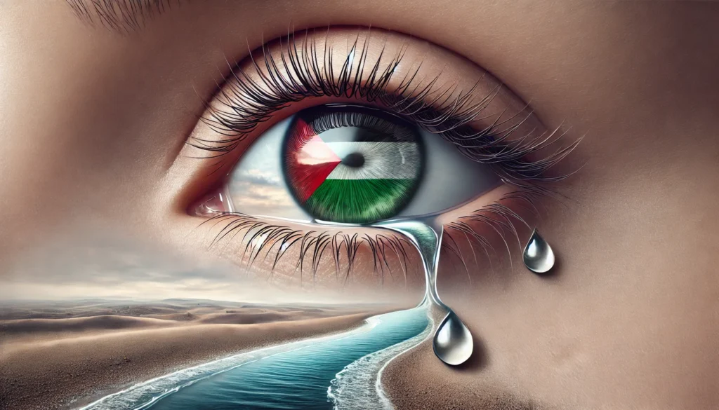 Artwork symbolizing Palestine’s struggle and resilience, showing a river flowing into the sea with tears of hope and resistance.