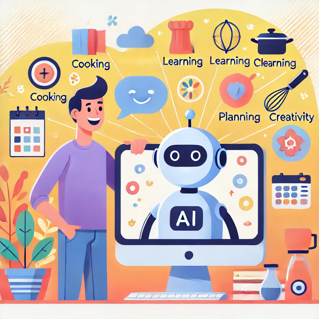 A friendly and approachable illustration showing a cheerful person interacting with an AI chatbot on a computer screen, surrounded by icons representing various uses of AI like cooking, learning, planning, and creativity. 