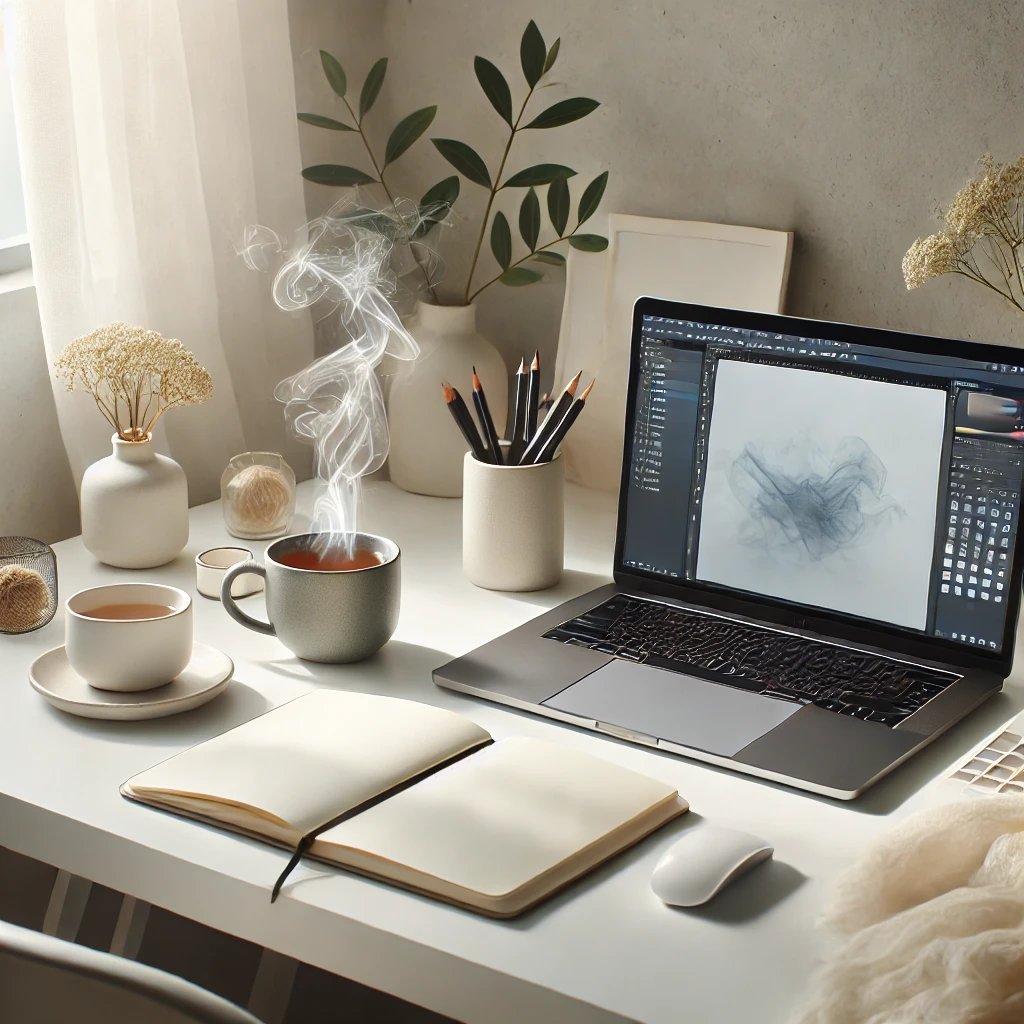 A serene and creative workspace featuring a laptop with an open design software, a notebook, and a steaming cup of tea on a white desk.