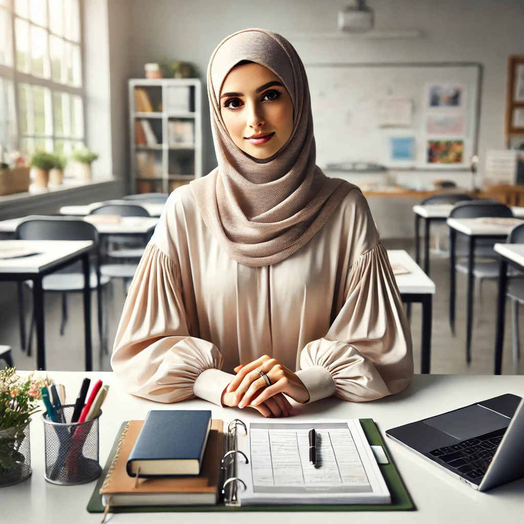 "Muslim female teacher planning a weekly lesson plan template while sitting at a desk in a classroom with teaching materials."