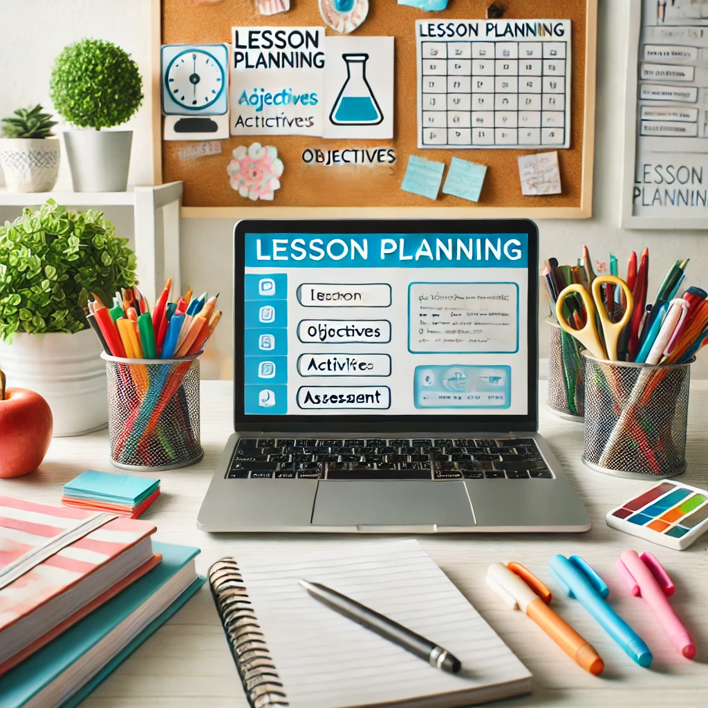 Clean and bright workspace for lesson planning with a laptop, teaching supplies, and a whiteboard.