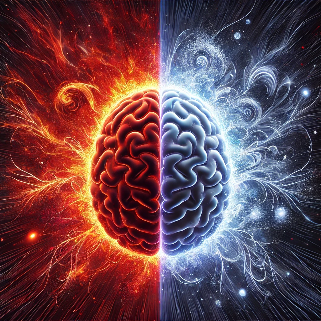 Illustration showing the effects of calmness and anger on the brain. The left side of the brain is surrounded by fiery red energy symbolizing anger, while the right side is encircled by serene blue light representing calmness.